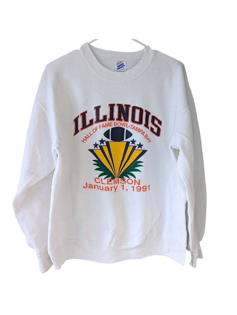 Vintage 90s Jerzees Sweatshirt Mens Large White Illinois Clemson Football 23x25